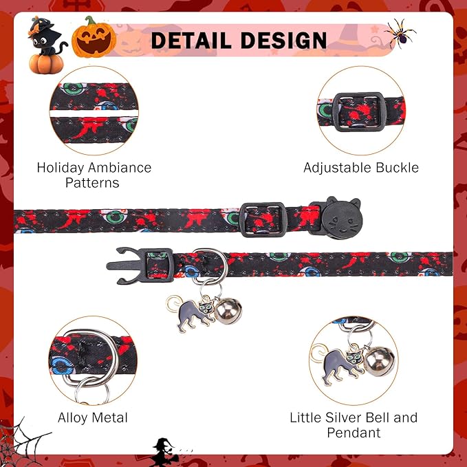 SCENEREAL Halloween Cat Collar with Bell & Stylish Bowtie, Bloody Pattern Breakaway Cat Collars Accessories for Boy Girl Small Cats, Holiday Fall Kitten Costumes for Female Male Pets