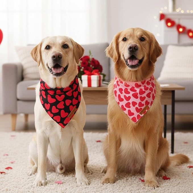 ADOGGYGO Valentine Dog Bandana 2 Pack, Reversible Red Pink Heart Pet Scarf Bib, Adjustable Fit Valentine Bandanas for Medium Large Dogs (Large)