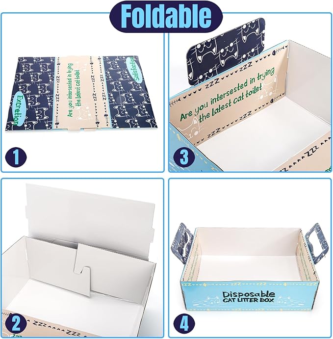 Hiceeden 8 Pcs Disposable Litter Box for Cats, 16.9" x 12.4" x 5.4" Travel Cat Litter Boxes with Disposable Scoops, Portable Cardboard Litter Box with Double Waterproof Coating, Blue