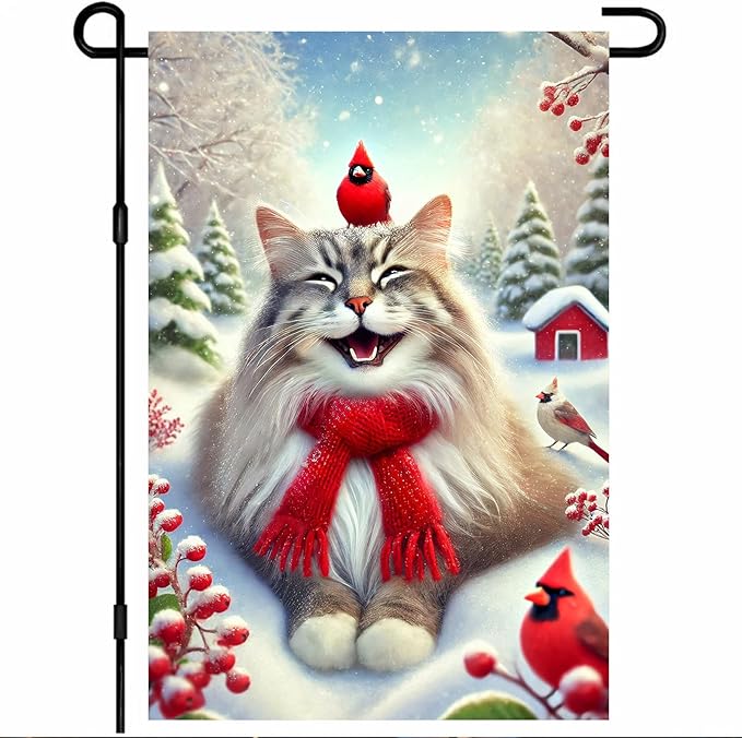 Christmas Garden Flag Cute Cat Red Cardinal Winter Snow Scene Outdoor Yard Flag 12x18 Inch Double Sided Banner For Front Yard Porch Lawn Patio Festive Holiday Seasonal Home Decor