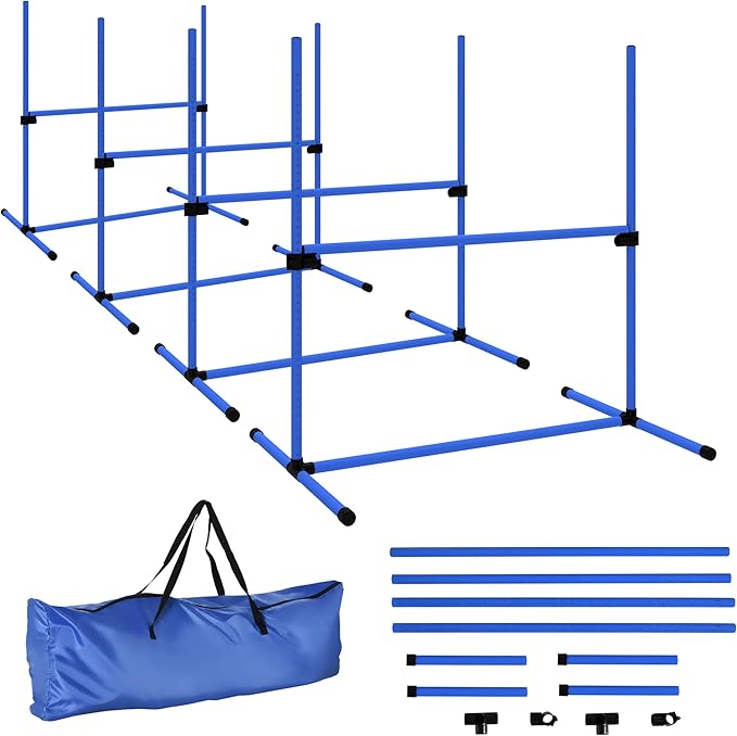 PawHut 4 Piece Dog Agility Training Equipment for Dog Agility Course with Adjustable Height Jump Bars, Included Carry Bag, & Displacing Top Bar, Blue