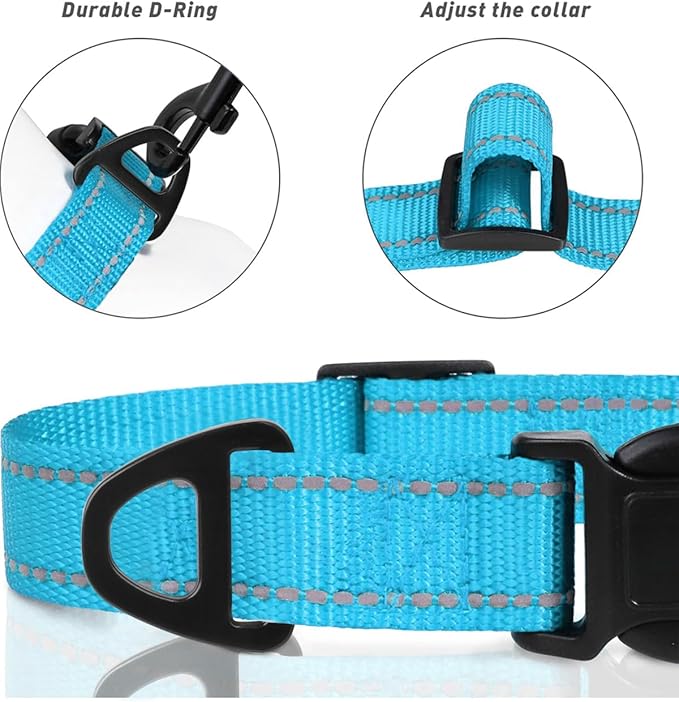 TagME Reflective Nylon Dog Collars, Adjustable Classic Pet Collar with Quick Release Buckle for Large Dogs, Sky Blue, 1.0" Width