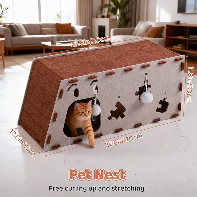Large Felt Cat Cave & Tunnel with Hanging Balls, Built-in Scratcher - Modular Peekaboo Cat Hideaway House for Large Breed Cats, Stackable Play & Rest Bed