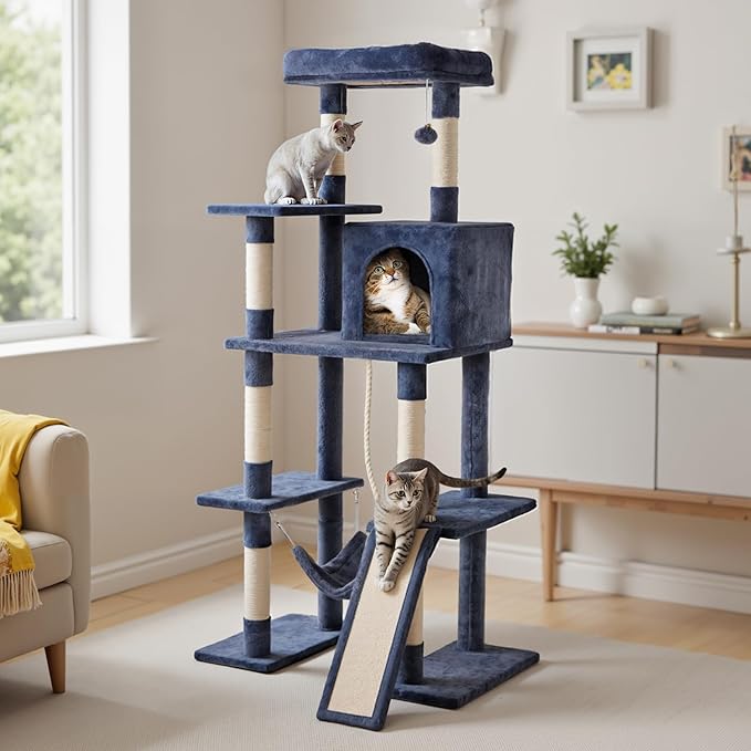 Large Cat Tree 63 Inch, Multi-Level Tall Cat Tree Tower with Condo, Perch, Sisal Scratching Posts Board and Hammock, Pet Play House with Dangling Balls for Indoor Cats, Dark Grey