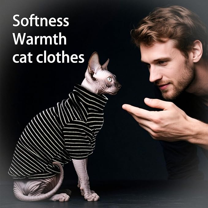 Fleece Sphynx Cat Clothes Soft Hairless Cat Clothes Pullover Cat Sweater for Chihuahua All Season Light and Warm Kitten Cloth for Cats Only Puppy Clothes Small Dog Sweater (B-Striped, L)