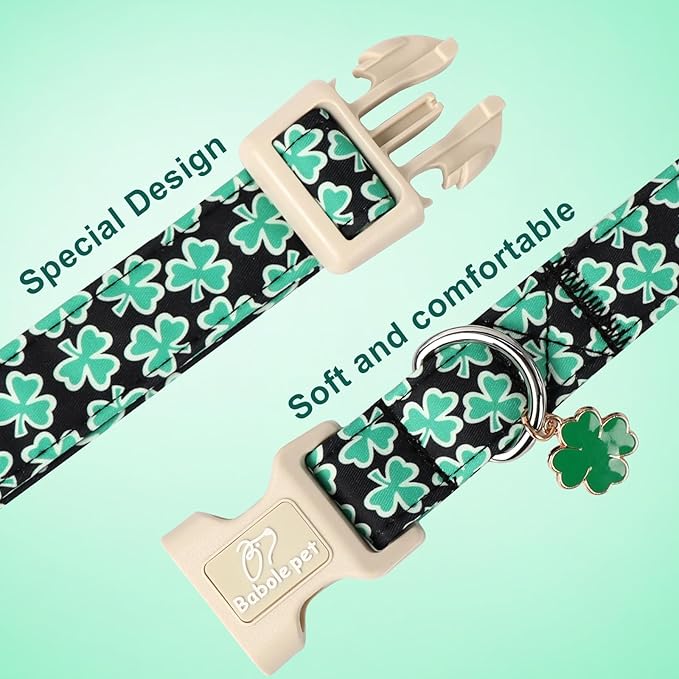 St Patricks Day Dog Collar for Medium Dogs - Green Lucky Shamrock Boy Dog Collars, Irish Clover Pattern Black Male Puppy Collar with Quick Release Buckle M