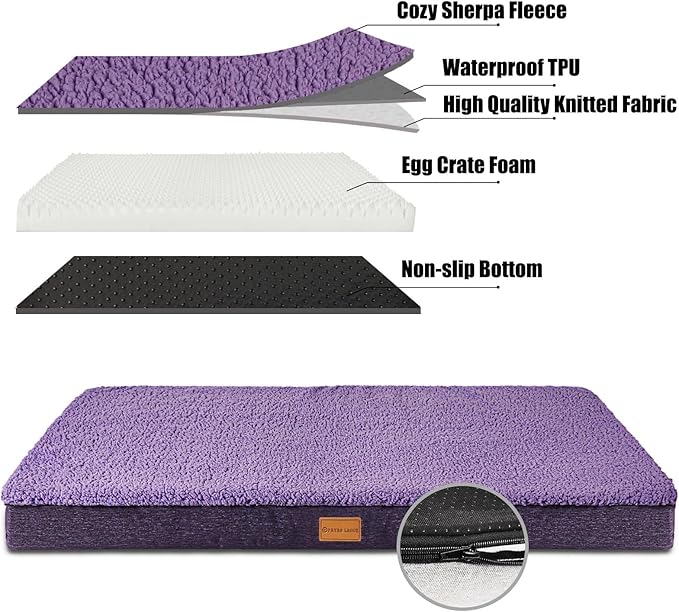 Patas Lague Orthopedic XL Dog Bed Large Sized Dog 48''X30'', Soft Waterproof Egg Crate Foam Large Pet Crate Beds Mat with Removable Washable Cover and Non-Slip Bottom, Purple