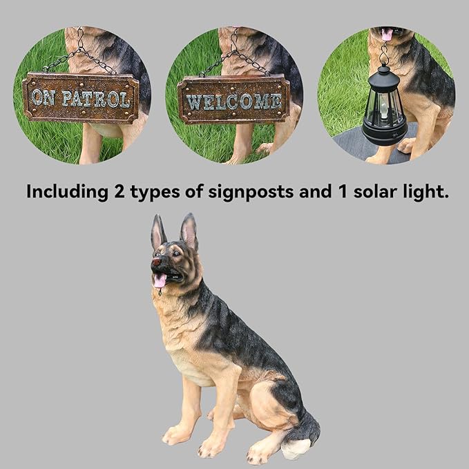 German Shepherd Statue Outdoor Decorations – Dog Statues Outdoor Sitting German Shepherd with Replaceable Solar Light & Welcome Sign for Porch Décor