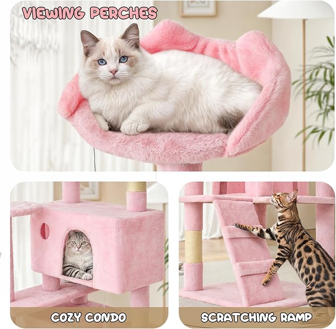MoNiBloom 54 Inch Cat Tree Tower for Indoor Cats Large Adults, Pink Cat Tower with Scratching Post, Multi-Level Furniture Activity Center with Cat Condo Pet Play House, Soft Pink