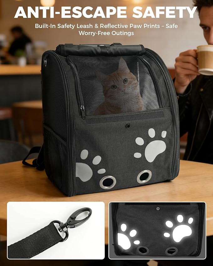 Cat Carrier Backpacks for Kitty Small Dog up to 15 lbs, Lightweight and Foldable Dog Backpack Carrier with Breathable mesh for Travel, Walking, Hiking, Camping and Vet (Black)
