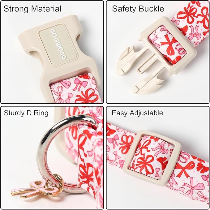 DOGWONG Cute Dog Collar, Pink Bow Pattern Dog Collar, Girl Female Dog Collars with Strong Plastic Buckle for Medium Large Dogs,L