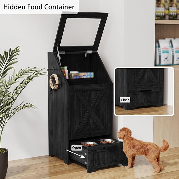 Dog Feeding Station with Storage Cabinet and 2 Elevated Dog Bowls, Hidden Pet Food Storage Organizer for Dog &Cat,Modern Dogs Furniture (Black)