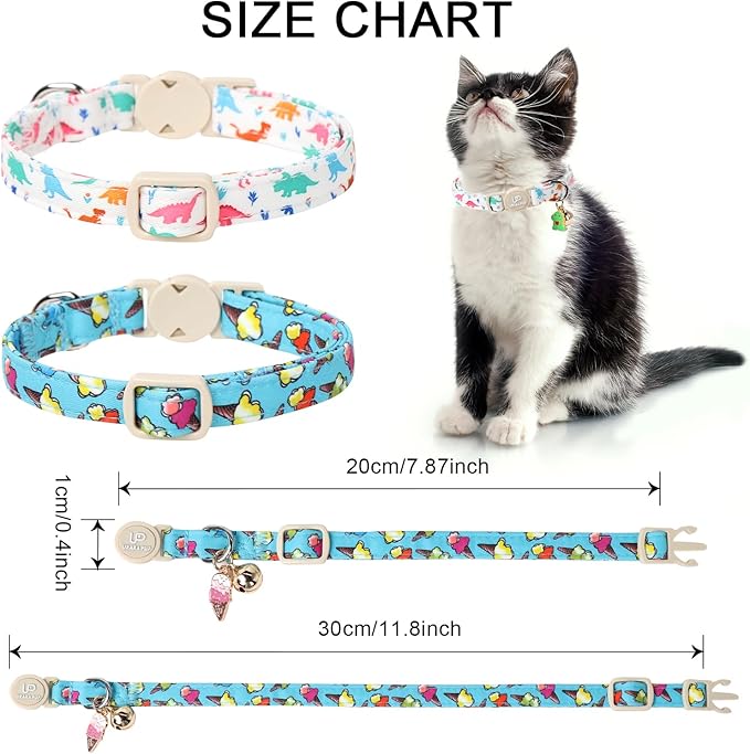 Cat Collar, 2Pack Summer Kitten Collars-Breakaway Kitty Collars-Cute Dinosaur and Icecream Pendants,Cat Collar with Bell, for Girl & Boy Cats
