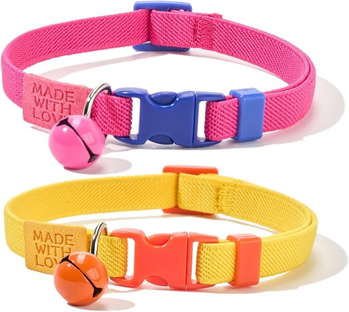 Elastic Cat Collar 2 Pack of Safety Quick Release Cat Collars with Bell Anti-Suffocation Kitten Puppy Collars(Yellow+Hot Pink)