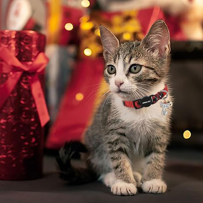 ARING PET 2 Pack Christmas Cat Collars-Cute Cat Collar Breakaway with Bell&Pendant, Adjustable Christmas Plaid Kitten Collars with Safety Buckle for Girl and Boy Cats