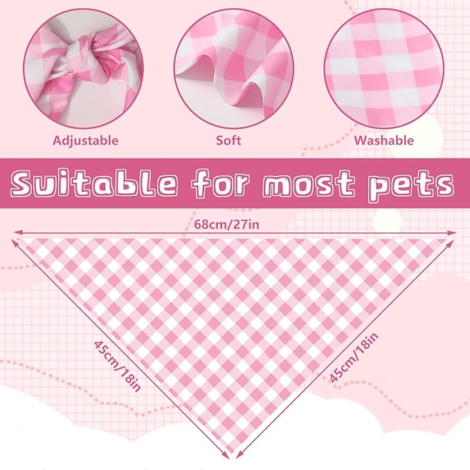 2Pcs Pink Plaid Dog Bandanas Valentine's Triangle Pet Scarf Adjustable Puppy Neckerchief Dog Bib for Medium Large Cat Costume Accessories