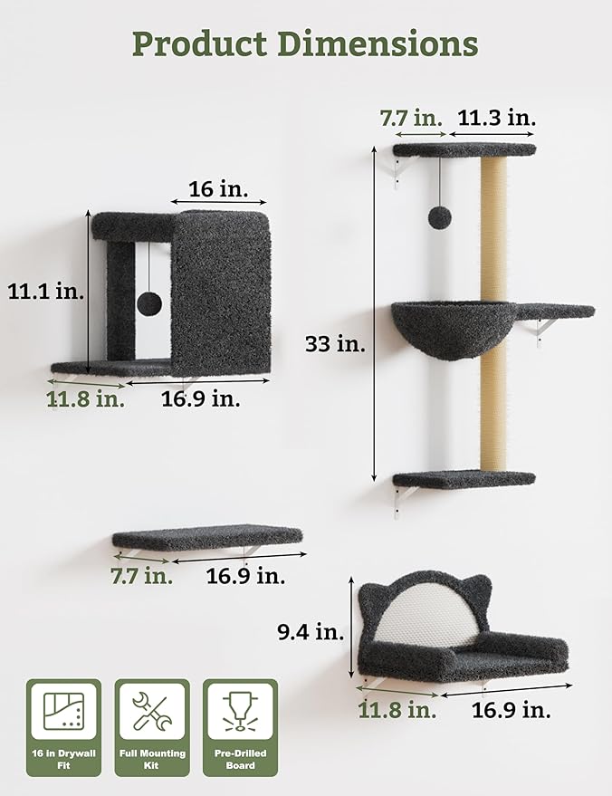 5-in-1 Cat Wall Shelves, Solid Wood & Velvet & Sisal Scratcher, 44lbs Max Load, Wall Mounted Cat Furniture for Climbers, Cat Climbing Wall System, Fits Drywall & Solid Walls - Dark Gray