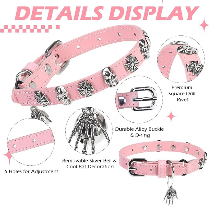 EXPAWLORER Cat Collar for Girl Boy Cats- Adjustable Leather Pet Collar with Safety Elastic Belt,Personalized Punk Accessories Buckle Collars with Bell & Durable D-Ring,Skull（Pink）