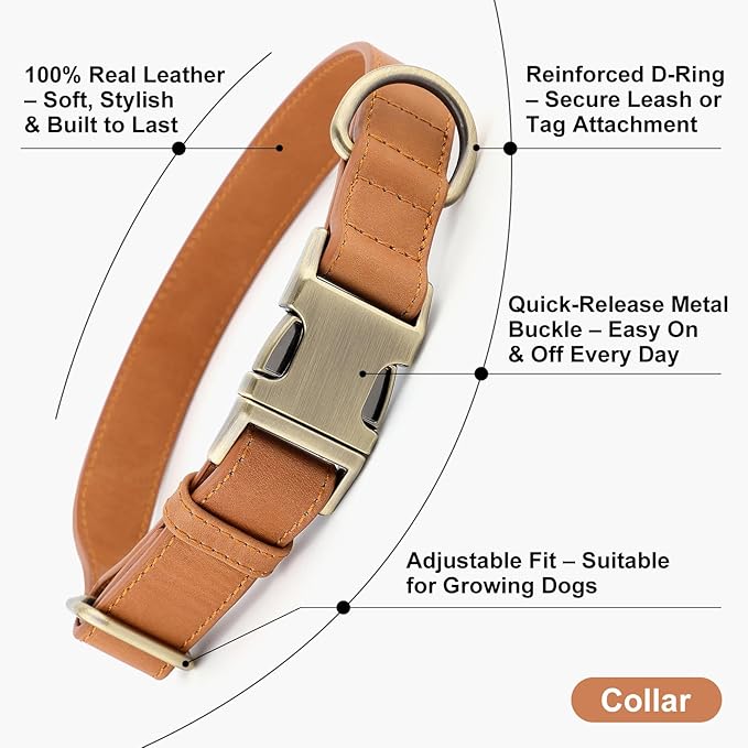 Plutus Pet Genuine Leather Dog Collar – Adjustable Pet Collar with Quick Release Metal Buckle, Soft Real Leather for Small Medium Large Dogs, Heavy Duty & Skin-Friendly (Light Brown, M)