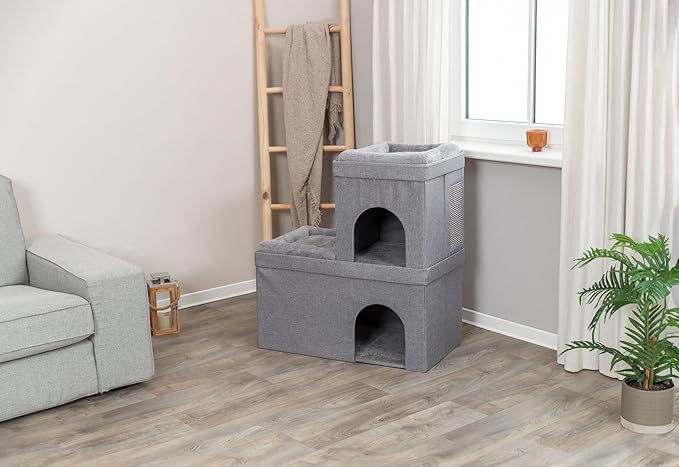TRIXIE Double Crazy Cube Stackable Cat Condo with Sisal Scratching Surface & Reversible Plush Cushions, Tool-Free Assembly, Collapsible Modular Indoor Cat Furniture for Home Use, Supports up to 35 lbs