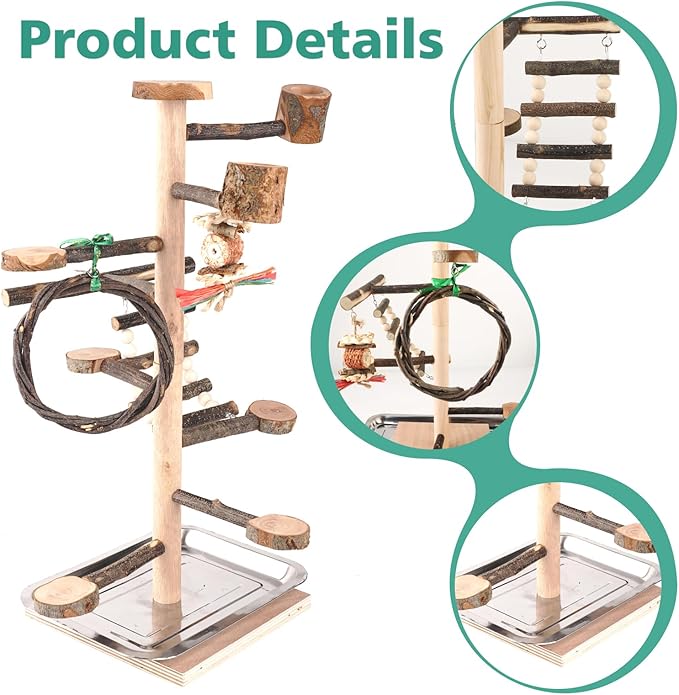 HOSUKKO Bird Playground Parrots Play Stand Wood Perches Stand, Bird Gym Playpen Platform Ladder with Feeder Cups for Cockatiels Budgies Lovebirds, Brown