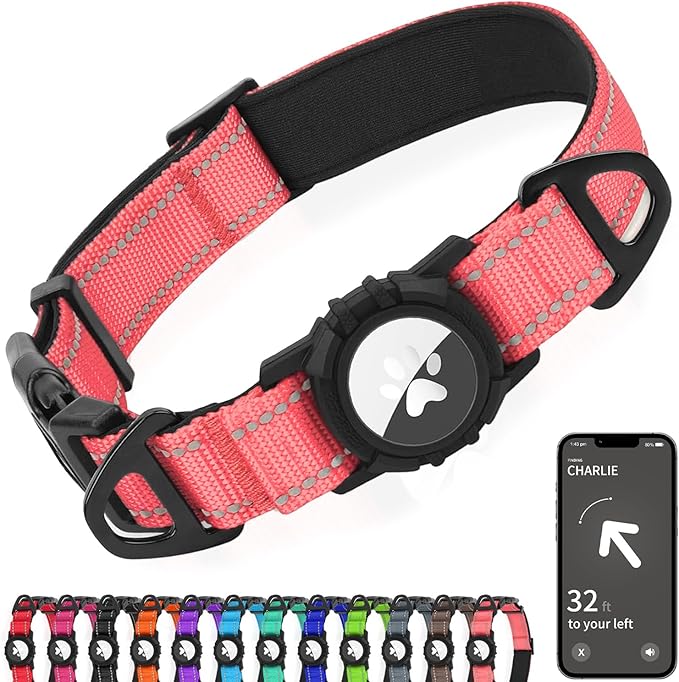 Joytale Airtag Dog Collar, Reflective Pet Collar with Waterproof AirTag Holder, Dual D-Rings, Soft Padded Adjustable for Large Dogs, Neon Pink, L