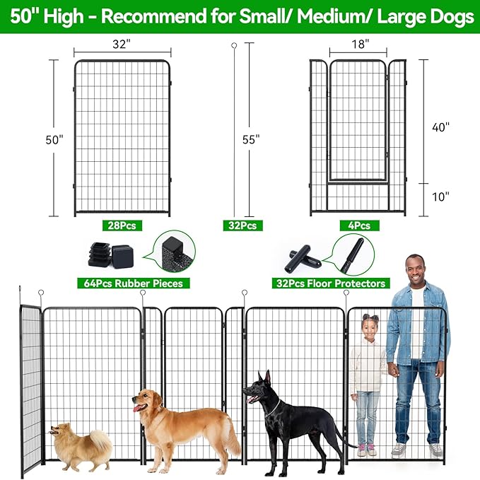 Dog Playpen Outdoor Extra Wide 32 Piece Panels Heavy Duty Dog Fence 50" Height Anti-Rust with Doors Portable for RV Camping Yard, Total 84FT, 561 Sq.ft, Snowy Black