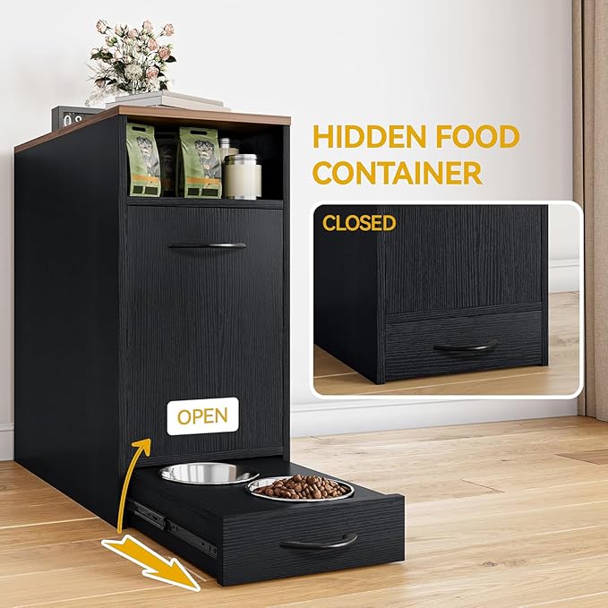 DWVO Dog Feeding Station with Storage, Dog Food Cabinet with 2 Feeder Bowls, Pull Out Elevated Dogs Bowl, Black