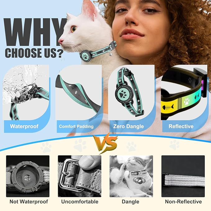 Airtag Cat Collar Breakaway, Reflective Cat Collar with AirTag Holder and Bell, Compatible with Apple Air Tag, Comfortable Padding, Adjustable, Durable (Turquoise, S)