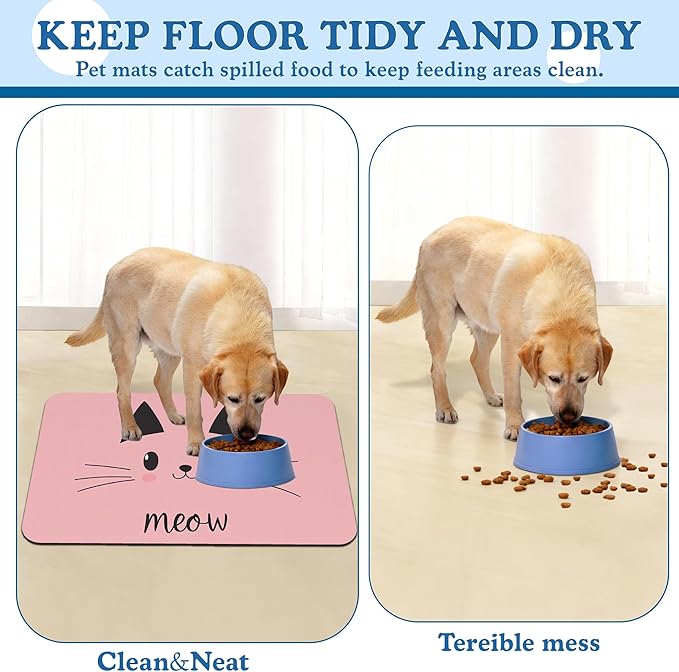 Pink Cat Meow Dog Food Mat–Christmas Stocking Absorbent Quick Dry Feeding Placemat for Food and Water Bowls, Non Slip Rubber Backing, Waterproof Pet Supplies for Mess-Free Eating 16"x24"