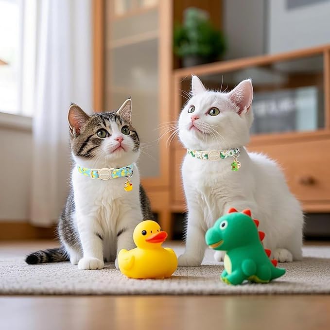 2 Pack Summer Duck Dinosaur Cat Collars Breakaway with Bell, DOGWONG Safety Buckle Duck Cat Collar for Girl Boy Cats，Adjustable 7-12 Inch