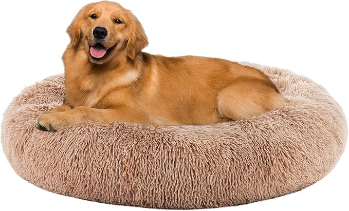 Sweetcrispy Donut Dog Bed, XL Large Round Calming Cat Bed with Washable Waterproof Cushion, Anti-Anxiety & Anti-Slip Fluffy Cuddle Cozy Faux Fur Plush for Pet Puppy Indoor Sleeping(37.4"x3.47",Brown)