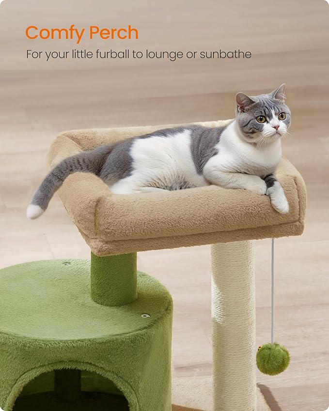 Feandrea Cat Tree, Small Cat Tower with Sisal Scratching Post, Plush Condo with Padded Perch, for Small Spaces, Kittens, Grass Green and Camel Brown UPCT050C01