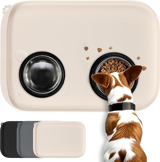 Silicone Dog Food Mat with Side Pocket & Hook Hole, Soft Raised Edges, Easy Clean Waterproof Non-Slip Pet Feeding Mat for Cats and Dogs Water Bowl, Pets Accessories(24"x16",Natural Tan)