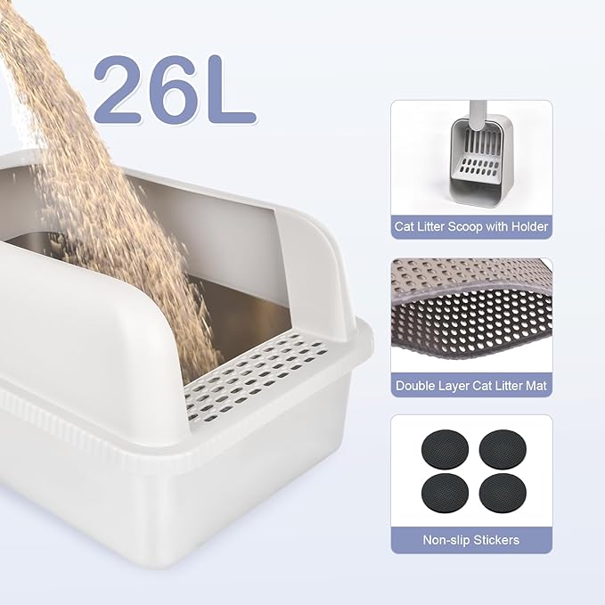 Henkelion Stainless Steel Cat Litter Box with Lid, 20" L x 14.2" W x 11.8" H, Extra Large Litter Box for Big Cats with High Sided, Anti-Urine Leakage, Easy Cleaning, Include Cat Mat and Scoop