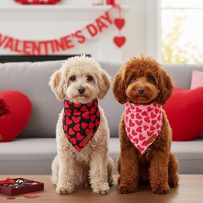 ADOGGYGO Valentine Dog Bandana 2 Pack, Reversible Red Pink Heart Puppy Scarf Bib, Adjustable Fit Valentine Bandanas for Small Dogs Pets (Small)