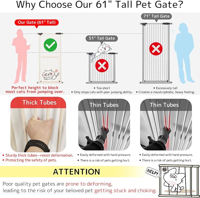 Lumizone Extra Tall Cat Gate 61.02" High Pressure Mounted Extra Wide 30.12"-34.05" (17Sizes) 1.37" Gap No Drilling Auto-Close Tall Pet Gate for Dogs (Cream, 30.12"-34.05"/76.5-86cm)