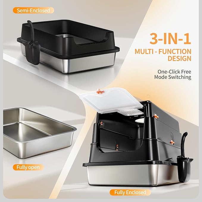 Stainless Steel Cat Litter Box with Lid, Enclosed Extra Large Metal Litter Pan for Big Cats, Full Flip Cover High Sided LitterBox Include Scoop, Easy Cleaning, Non-Stick, Black