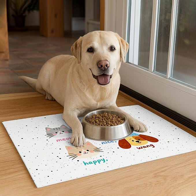 Pet Feeding Mat 24x16 inch Cat and Dog Print Meal Pad Non Slip Floor Mat for Food and Water Indoor Feeding Station Cute Pet Bowl Placemat for Small Cats and Dogs Kitchen Use