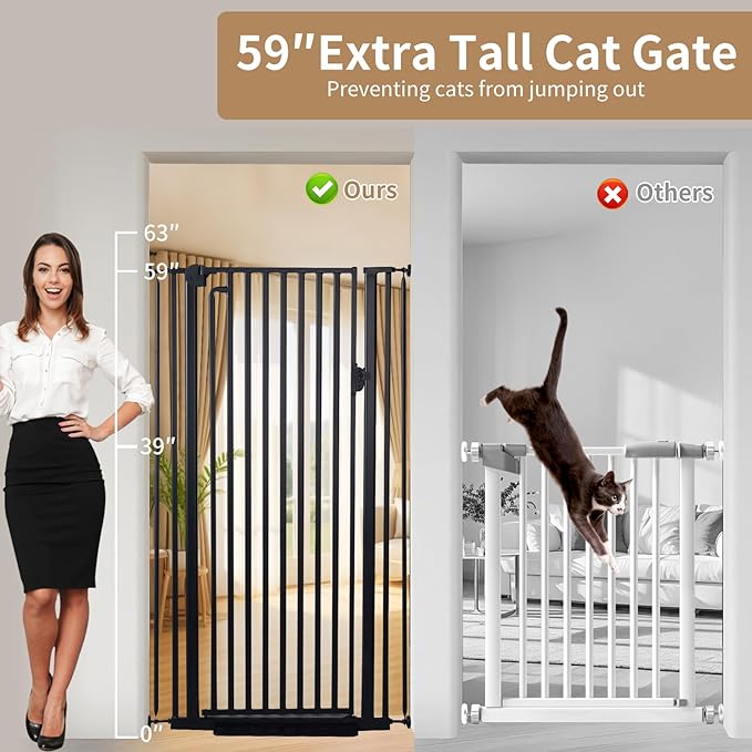 59“ Extra Tall Cat Gate for Doorway：29.4-33.4” Wide Pet Gate, Auto Close/One Handed Open, 1.34” Extra Small Gap, No Drill Pressure Mount Tall Cat Gate for Interior Stairs/Kitchens/Hallways (Black)