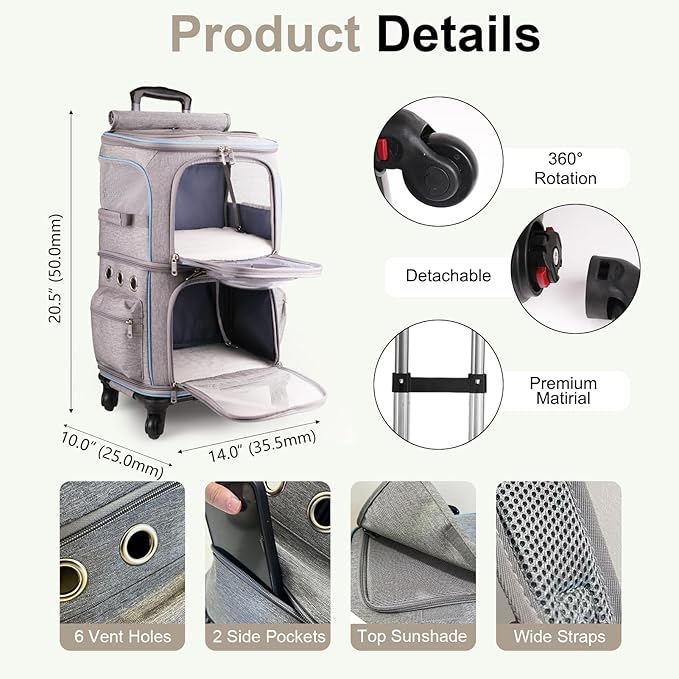 2-in-1 Pet Carrier Backpack for Two Cats or One Dog with Puller & Roller, Grey 2-Layer Dual Cabins Carry Bag for Large Fat Cat and Puppy Traveling and Hiking, Space Capsule Clear Bubble Dome