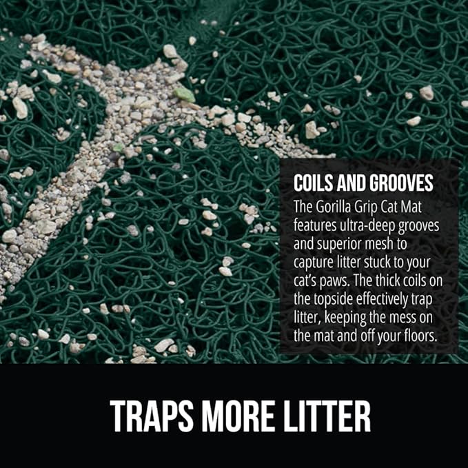 GORILLA GRIP Cat Litter Box Mat, 35x23, Water Resistant, US Designed Kitty Litter Trapping Mats, Easy to Clean, Scatter Control, Less Mess and Clean Floors, Kitten Supplies for Indoor Cats, Dark Green