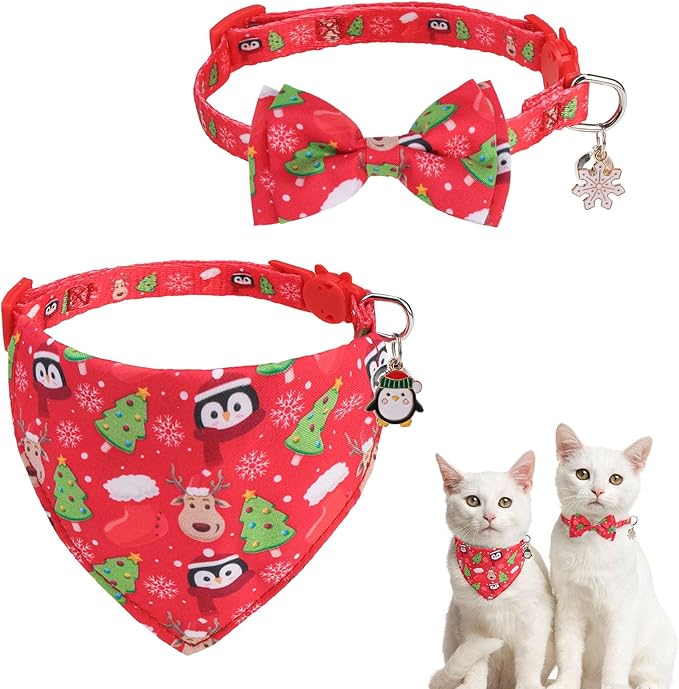 SCENEREAL Christmas Cat Bandana Collar with Bell Bowtie - 2 Pack Breakaway Kitten Collars, Adjustable Cute Pet Accessories for Cats and Small Dogs