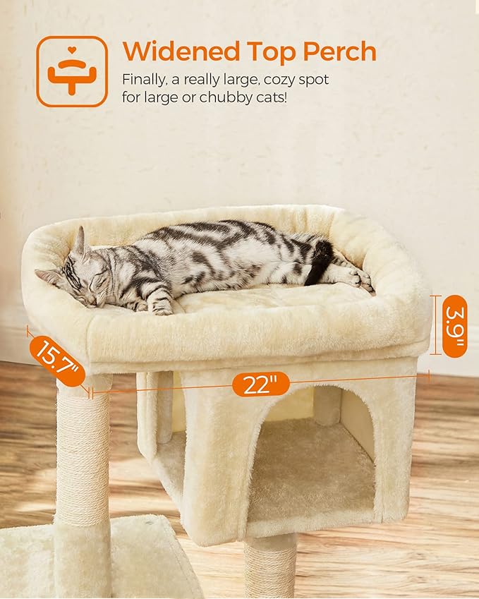 Feandrea Cat Tree, 33.1-Inch Cat Tower, Plush Condo for Large Cats up to 16 lb, Large Perch, 2 Caves, Scratching Post, Beige UPCT61M