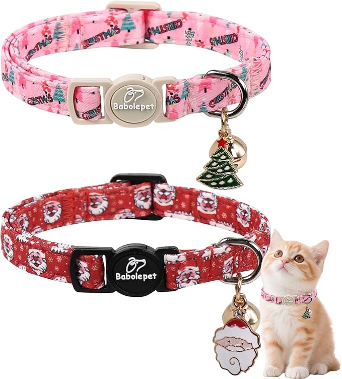 2 Pack Christmas Cat Collars - Breakaway Cat Collar with Bell, Christmas Tree and Santa Pendant, Winter Adjustable Kitten Collars for Girl Boy Cats, Pink&Red