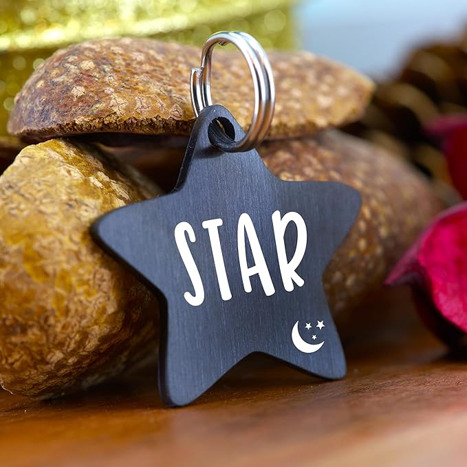Ultra Joys Cat ID Tag Personalized Pet Tags, Durable Stainless Steel Small Pet Mini Dog Cat Tag Lightweight - Star Tag in Black
