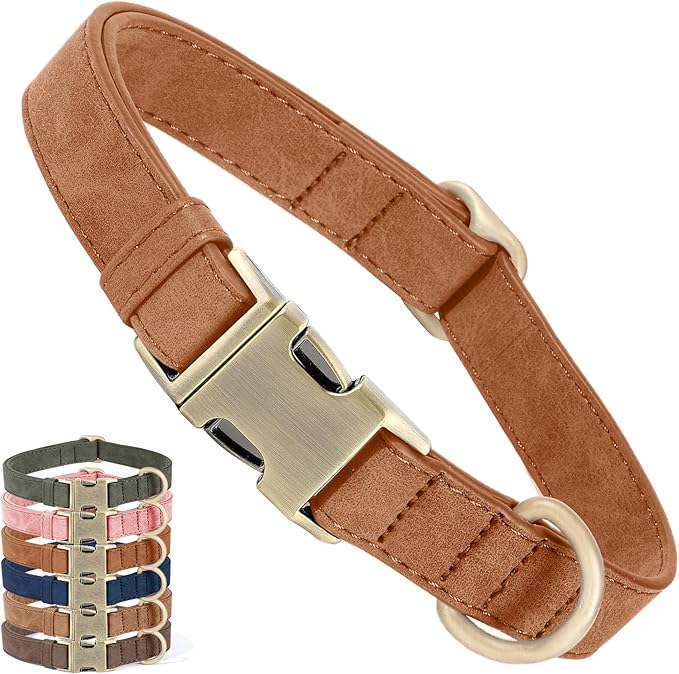 Genuine Leather Dog Collar - Adjustable Pet Collar with Quick Release Metal Buckle, Soft Skin Friendly Real Leather Collar for Small, Medium, Large Dogs (Khaki, S：Fit 8-16" Neck)