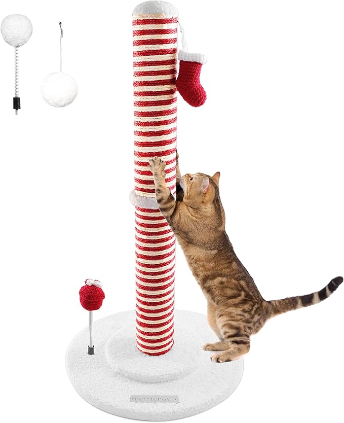 Christmas Cat Scratching Post,Christmas Cat Scratcher for Indoor Cats,Xmas Cat Tree Tower Activity Cat Play Center with Santa Danging Sock Toys and Gift Box