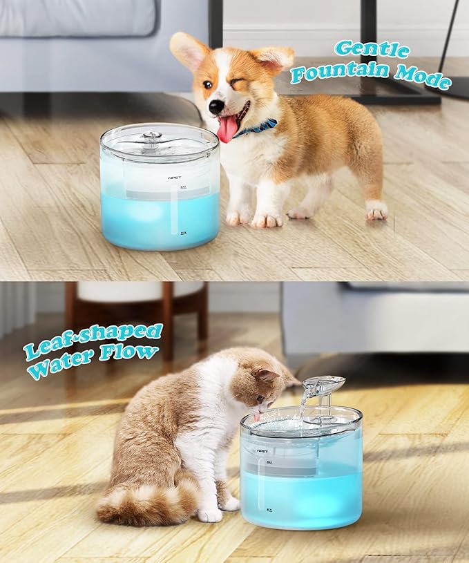 NPET WF100 Cat Fountain, 54oz/1.6L Automatic Pet Water Fountain Dog Water Dispenser with LED Light Quiet Pump for Cats & Small Dogs(Fountain+4 Filters +4 Sponges, White)