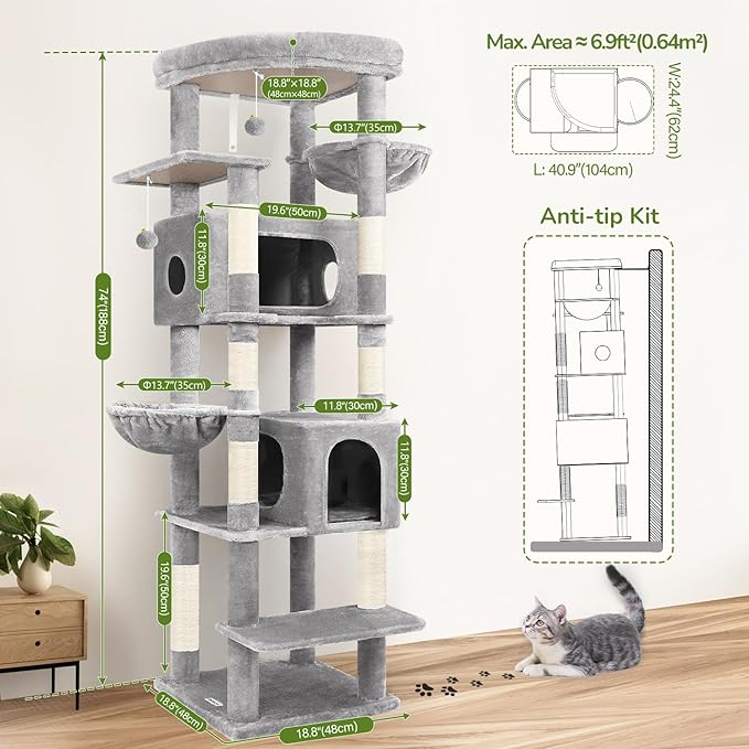 Globlazer Heavy Duty Cat Tree, 74in Sturdy Cat Tower for Large Cats Adult, Big Cat Tree with 7 Sisal Scratching Posts, 2 Padded Condos, 2 Dual-Ear Hanging Baskets, Enlarged Top Perch, S74, Light Grey